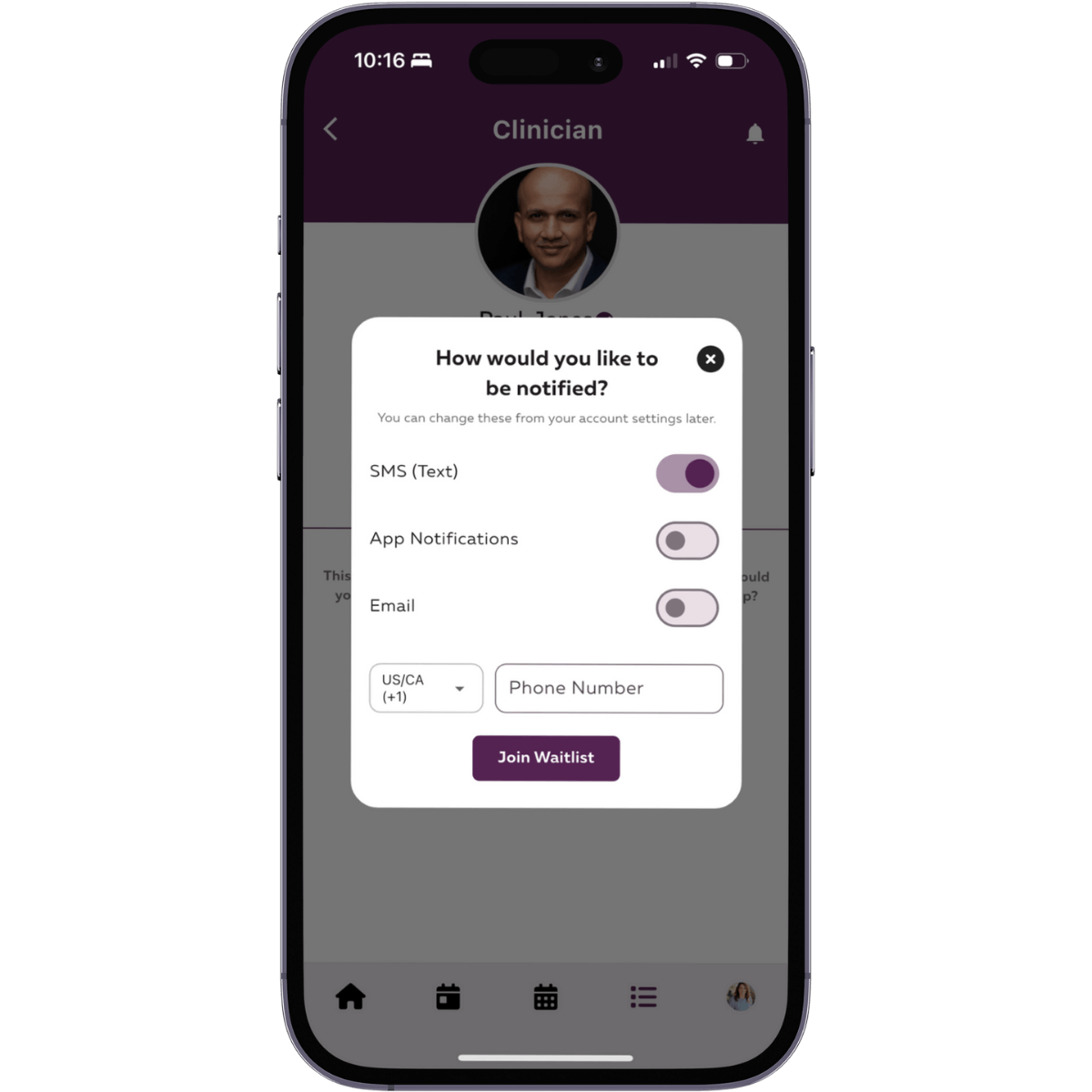 NextTherapist waitlist notification settings view